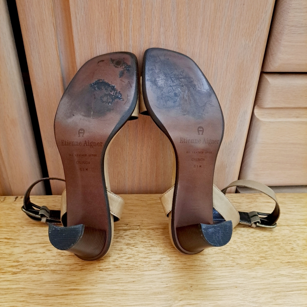 Etienne Aigner Heeled Ankle Strap Leather Sandals Shoes Women's Size 6.5 Tan 3" - Picture 11 of 13